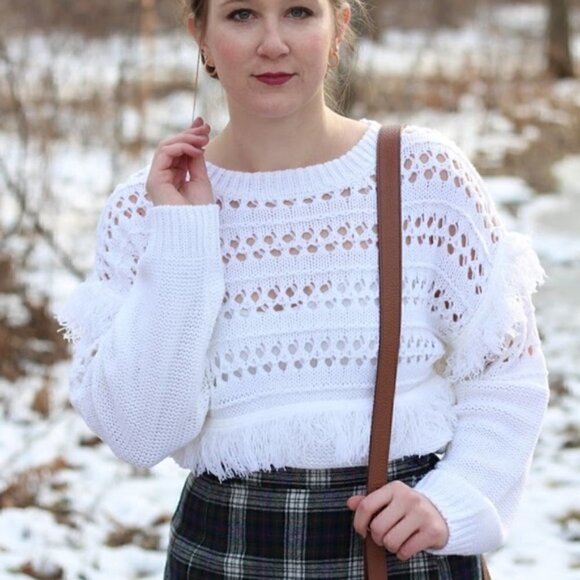 J.O.A Crochet Fringe Openwork Knit Crew Sweater - Picture 3 of 8